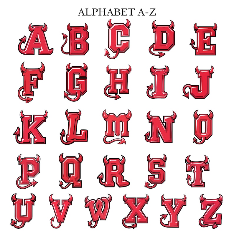 Devil Horns Gothic Font Clipart: Red Halloween Alphabet, Numbers (PNG ...