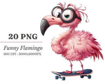 Zabawny clipart flaminga: Ptak z kreskówki PNG (pobieranie cyfrowe)