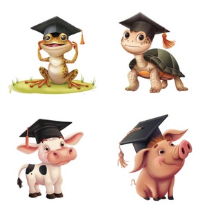 Puede incluir: Cuatro animales diferentes usando gorros de graduaci&oacute;n. Una rana, una tortuga, una vaca y un cerdo llevan todos gorros de graduaci&oacute;n negros con borlas doradas. Los animales est&aacute;n todos sonriendo y se ven felices.