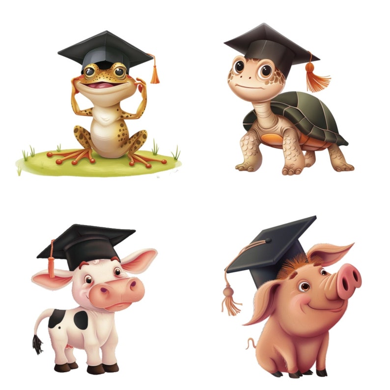 Puede incluir: Cuatro animales diferentes usando gorros de graduaci&oacute;n. Una rana, una tortuga, una vaca y un cerdo llevan todos gorros de graduaci&oacute;n negros con borlas doradas. Los animales est&aacute;n todos sonriendo y se ven felices.