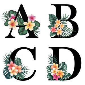 Alfabeto floral tropical A-Z, números 1-9, clipart / 300 DPI PNG / Letras de hojas de palmera y plumeria / Fondo transparente