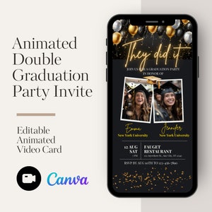 Invitación a fiesta de graduación doble: neón dorado, invitación digital con foto dual, texto editable Evite, descarga instantánea