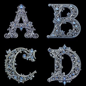 Diamant Silber Alphabet Clipart: Kristall-Monogramm Buchstaben A-Z, 0-9 (PNG Digital Download)