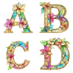 Alfabeto floral de vitrales A-Z 0-9 PNG / Elegantes letras doradas con flores, 300 DPI, fondo transparente, descarga digital