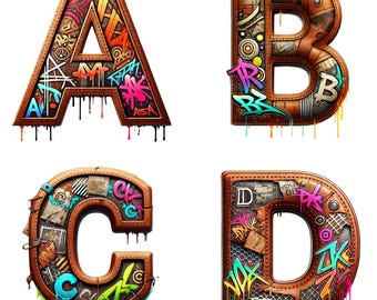 May include: Four letters, A, B, C, and D, are made of brown leather with colorful graffiti and dripping paint. The letters are in a 3D style and are set against a white background.