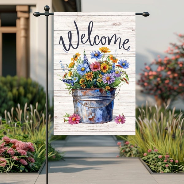 Welcome Wildflowers Garden Flag - Rustic Tin Bucket Floral Design, Watercolor Flowers Outdoor Decor, Digital Download