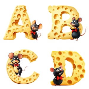 Letras del alfabeto de queso de la A a la Z y números del 1 al 9, fuente de queso con forma de ratón, PNG de 300 DPI, fondo transparente, descarga digital