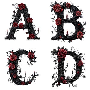 May include: Black gothic style letters A, B, C, and D with red roses and candles. The letters are made of black metal and have a vine-like design. The roses are red and have a realistic look. The candles are white and are lit.
