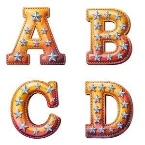 Alfabeto de estrella occidental, letras A-Z, números 0-9, PNG / Clip art estilo vaquero / 300 DPI / Letras de rodeo naranjas y rojas / PNG descarga