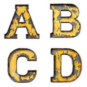 Alfabeto industrial desgastado: Letras metálicas amarillas 3D (descarga digital PNG)