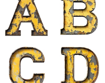 Alfabeto industrial desgastado: Letras metálicas amarillas 3D (descarga digital PNG)