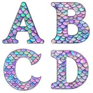 Alfabeto de sirena, letras de la A a la Z, números del 0 al 9, juego de letras con escamas de sirena, descarga instantánea, PNG de 300 ppp, letras con temática de sirena