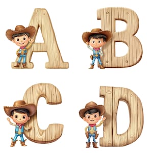 Niedliches Cowboy Alphabet Clipart, westliche Holzbuchstaben PNG, A-Z Zahlen 1-9, Cowboy-Thema für Kinder, digitaler Download 300 dpi, transparenter Hintergrund