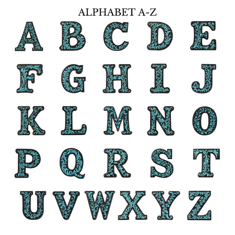 May include: Alphabet A-Z with each letter in a black outline and filled with a turquoise blue floral pattern.