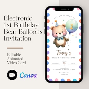 1e verjaardag beer ballonnen uitnodigen - geanimeerde tekst uitnodiging teddybeer, digitale eerste verjaardag meisje Evite, Instant Download
