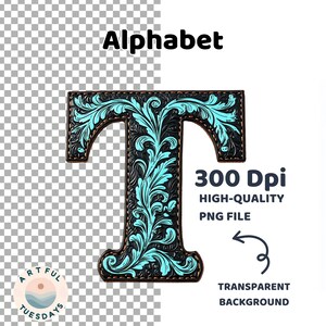 May include: The letter T in a black and turquoise floral design. The letter is outlined in brown and has a stitched appearance. The background is transparent.