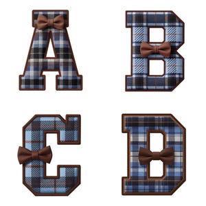 Alfabeto a cuadros azules (A-Z), números del 1 al 9, letras del Día del Padre, pajarita marrón, PNG de 300 DPI, conjunto digital
