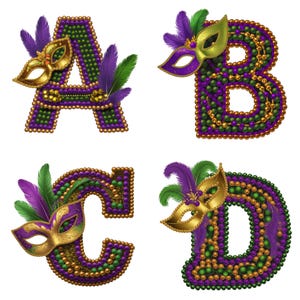 マルディグラ アルファベット クリップアート A-Z と数字 1-9 | 300 DPI PNG | ニューオーリンズ カーニバル レター | 透明昇華デザイン