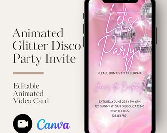Glitter Disco Birthday Party Invite: Animated Pink Invitation (Digital Download)