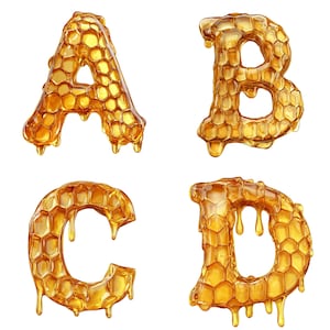 May include: The letters A, B, C, and D are made of honeycombs and dripping honey. The letters are in a 3D style and are isolated on a white background.