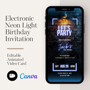 Convite de aniversário com luz neon - convite para mensagem de texto digital, convite para telefone azul preto, download instantâneo
