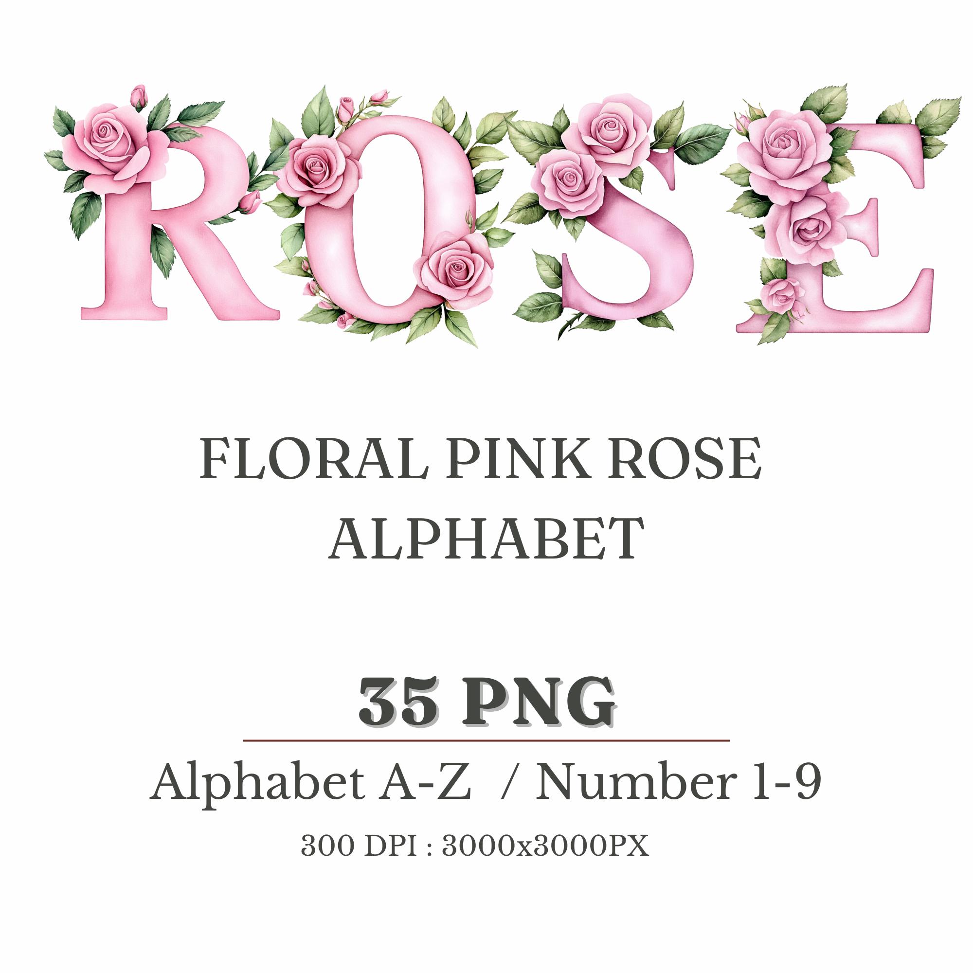 Floral Pink Rose Alphabet A-Z & Numbers 1-9 PNG, Watercolor Pink Rose ...