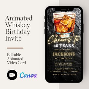 Invitación de cumpleaños de whisky - Fiesta animada y editable para hombres adultos, 30 40 50, descarga imprimible