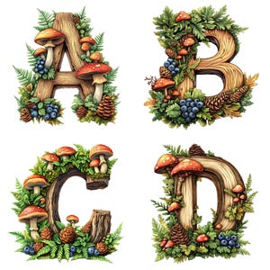Alfabeto temático de floresta A-Z Números 1-9 Clip Art, Letra de monograma 3D, Pintura em aquarela, Verde esmeralda, Musgo e cogumelos