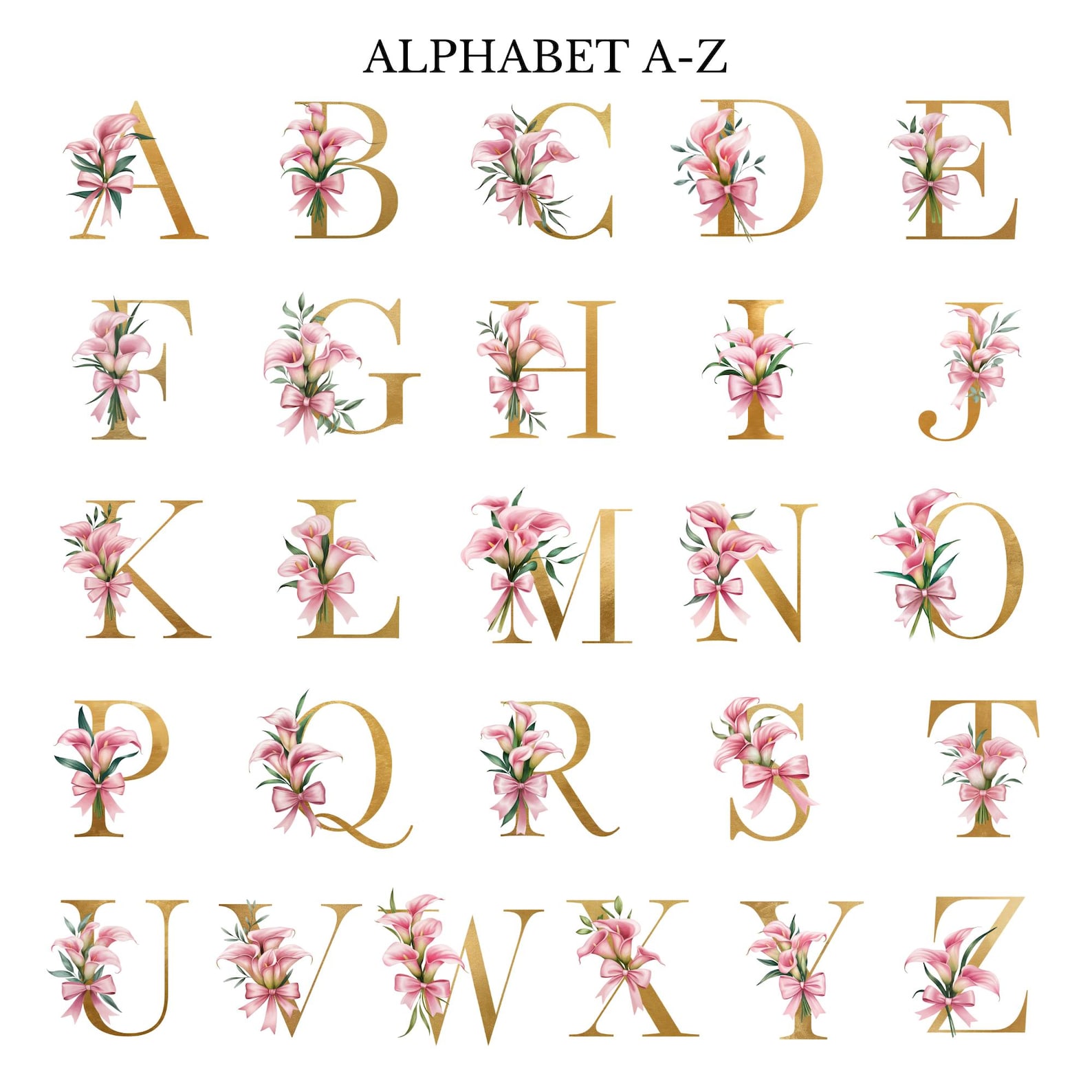 Gold Calla Lily Alphabet Clipart: Floral Letters & Numbers (digital ...