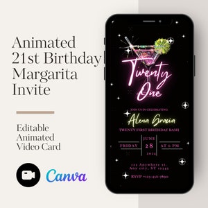 21. Geburtstag Margarita Invite - Neon Pink Glitter Bash, animierte digitale Einladung, Sofort Download Vorlage