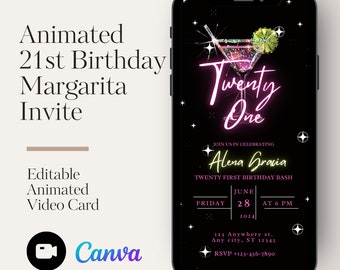 Invitación a Margarita del 21 cumpleaños - Neon Pink Glitter Bash, invitación digital animada, plantilla de descarga instantánea
