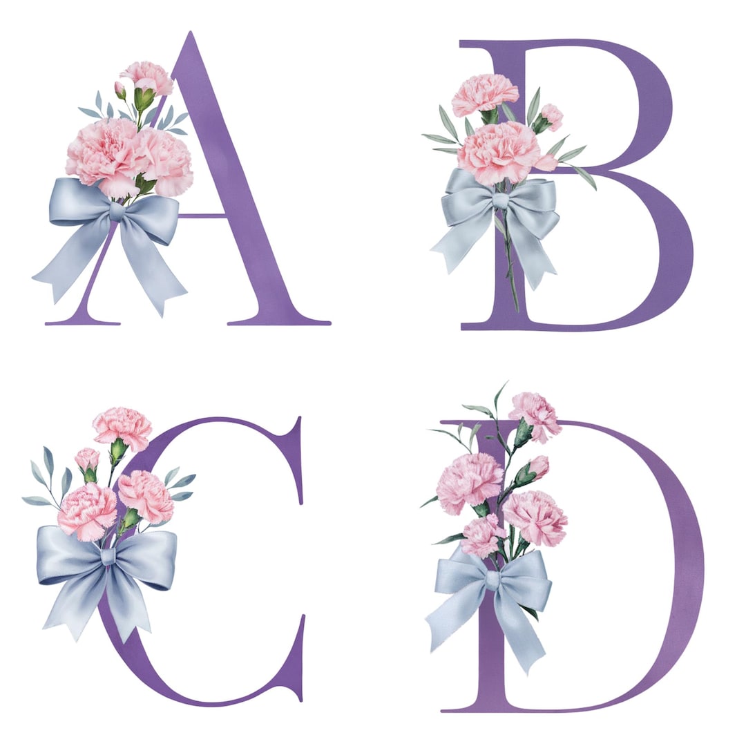 Watercolor Pink Carnation Floral Alphabet: Lavender Purple Letters ...