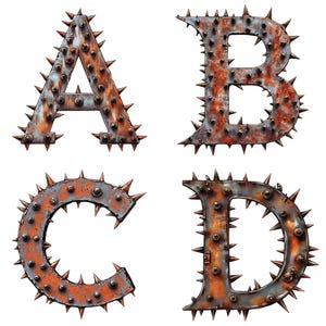 Rusty Spiked Metal Alphabet A-Z & Numbers 1-9 PNG, Industrial Grunge Font, 300 DPI Transparent Background, Steampunk Gothic Clipart