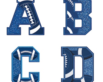 May include: Four blue felt letters, A, B, C, and D, with a white football pattern inside each letter. The letters are outlined in white.