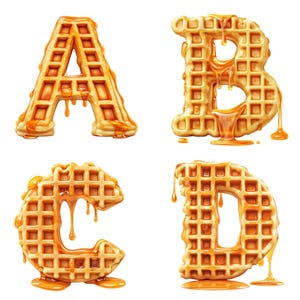 Waffle Alphabet Clipart A-Z & 0-9 | Letras Mel Pingando | 300 DPI PNG Transparente | Download Digital com Tema de Café da Manhã de Desenho Animado