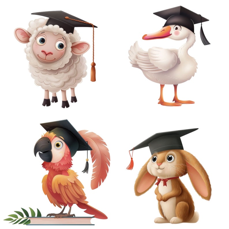Puede incluir: Cuatro animales diferentes con gorros de graduaci&oacute;n. Una oveja blanca, un ganso blanco, un loro rojo y naranja y un conejo marr&oacute;n.