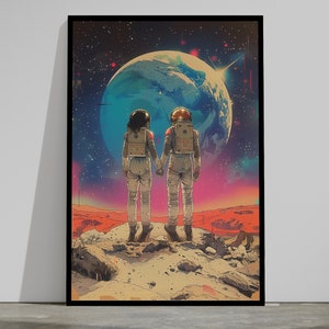 Retro-Futurist Astronaut Couple Art Print: Sci-Fi Romance