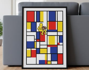 Pop Art Poster: Harring Figure, Rubik's Cube, Mondrian Style