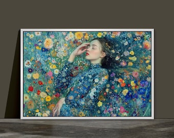 Dreamy Flower Field Art Print: Klimt Style, Feminine Wall Decor (Unframed)