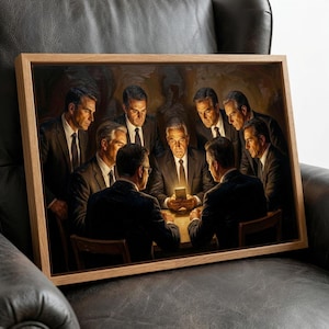 May include: A framed artwork depicts a group of men in suits gathered around a table, illuminated by a glowing phone. The painting has a dark, dramatic atmosphere, with the men's faces focused on the phone.