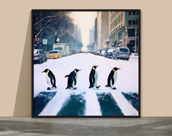 Penguins crossing snowy NYC road, Beatle-inspired Abbey Road, Whimsical winter scene, Quirky urban wildlife, Nostalgic pop culture homage