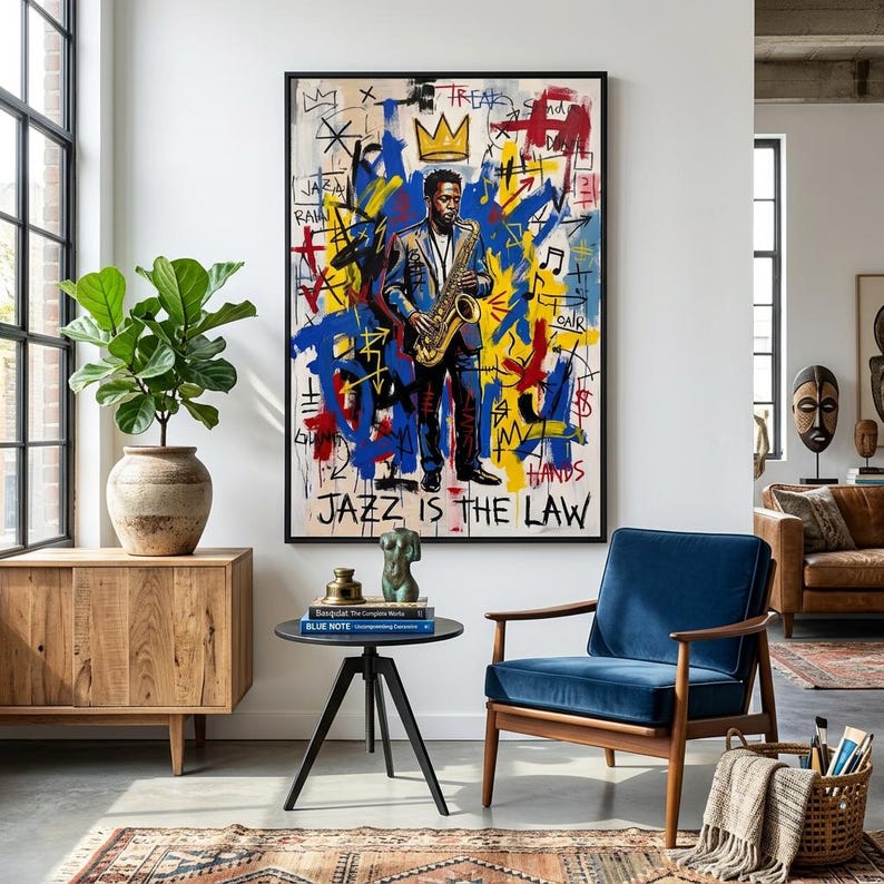 Basquiat Inspired Jazz Saxophonist Art: Bebop King Graffiti Canvas Street Art Music Lover Gift