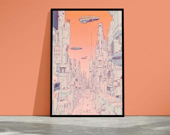 May include: A digital illustration of a futuristic city with tall buildings and flying vehicles. The city is rendered in a light pink and white colour scheme, with a soft orange background.