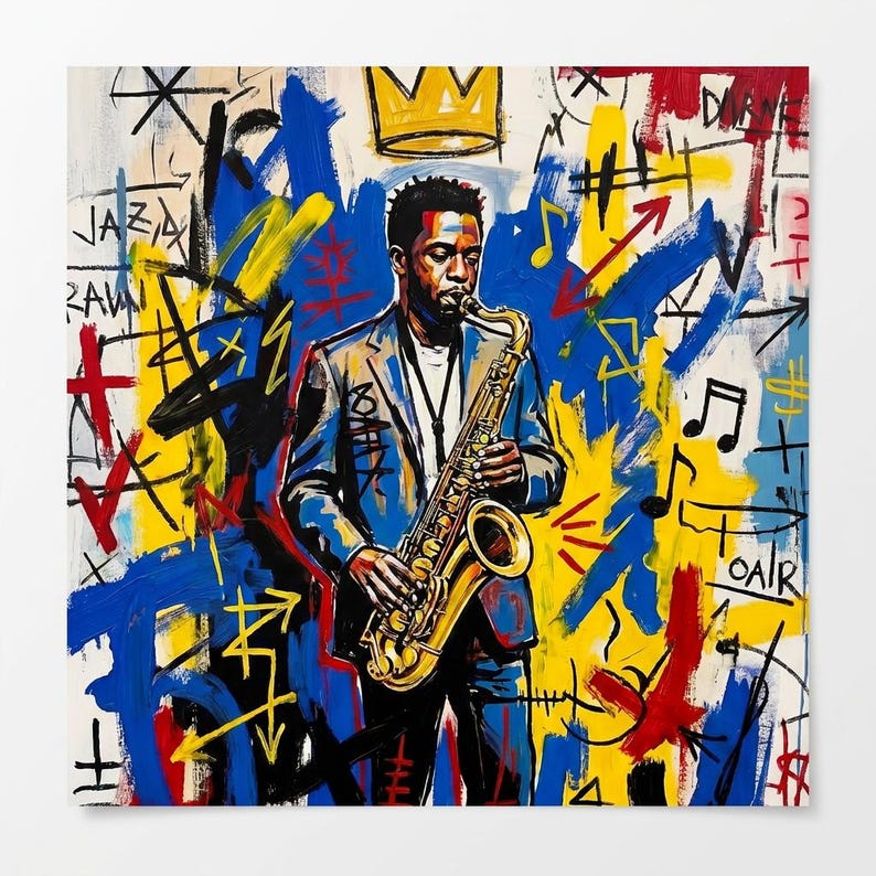 Basquiat Inspired Jazz Saxophonist Art: Bebop King Graffiti Canvas Street Art Music Lover Gift