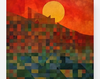 Abstract Cubist Mountain Sunrise Art Print, Geometric Landscape Wall Decor (Unframed)