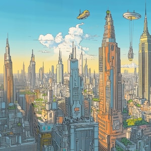 May include: A colourful illustration of a futuristic city skyline with tall buildings, flying vehicles, and clouds in the sky.