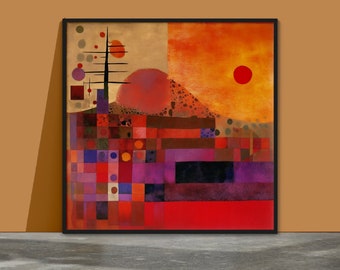 Colorful Klee-Inspired Artwork, Semi-Abstract Mountain Landscape, Moonlit Geometric Scene, Mixed Techniques