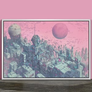 Cyberpunk City Print: Pink & Blue Solarpunk Skyline, Retro Sci-Fi Wall Art (Unframed)