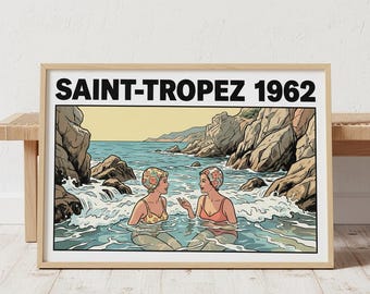 Mid-Century Comic Saint-Tropez Art Print: French Riviera Decor Women Travel Gift