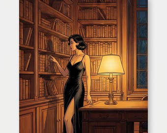 Sensual Sultry Woman Art Print : a Library Bibliophile Gift - Mid Century Style